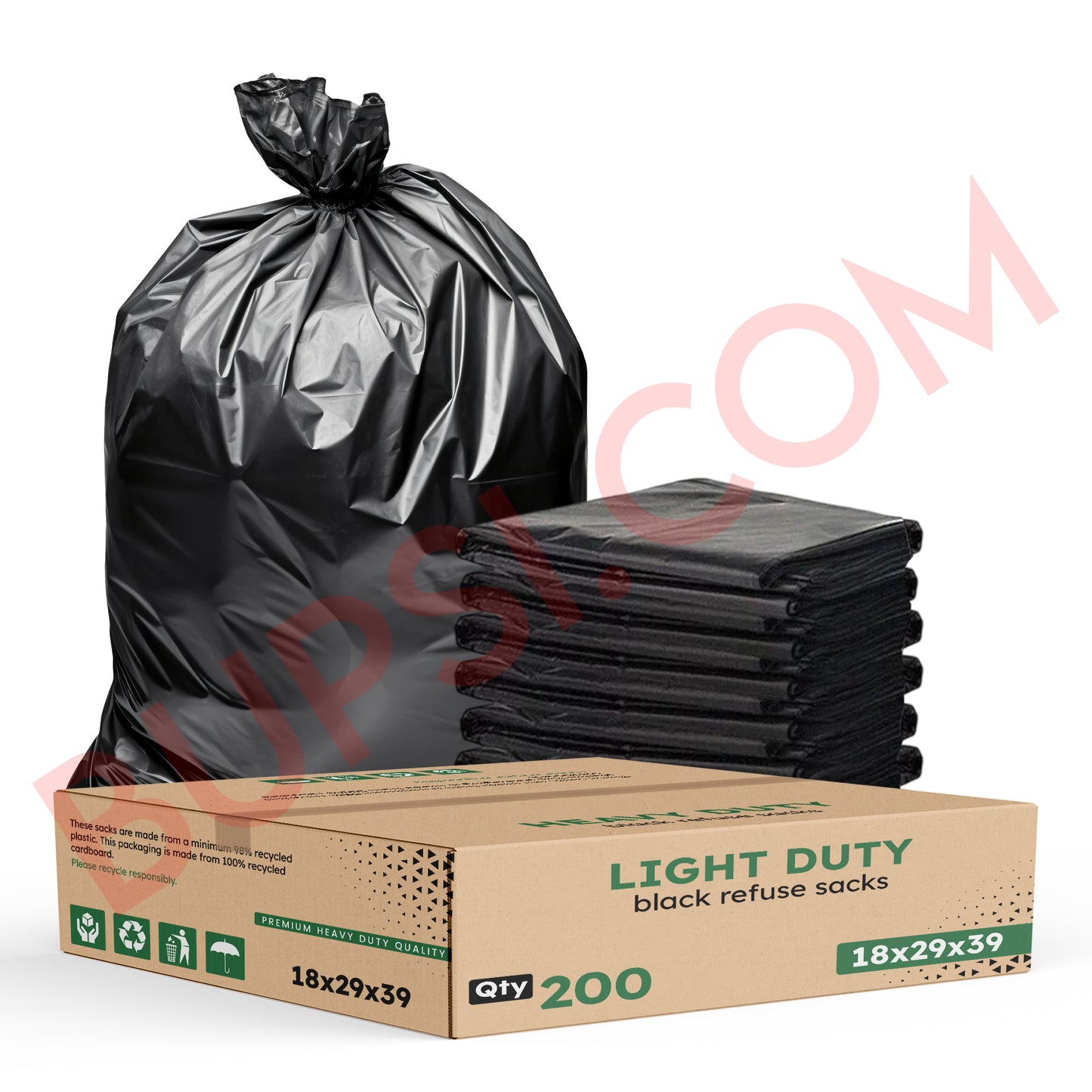 200 Pack | Light Duty Black Refuse Sacks | 18" x 29" x 39"