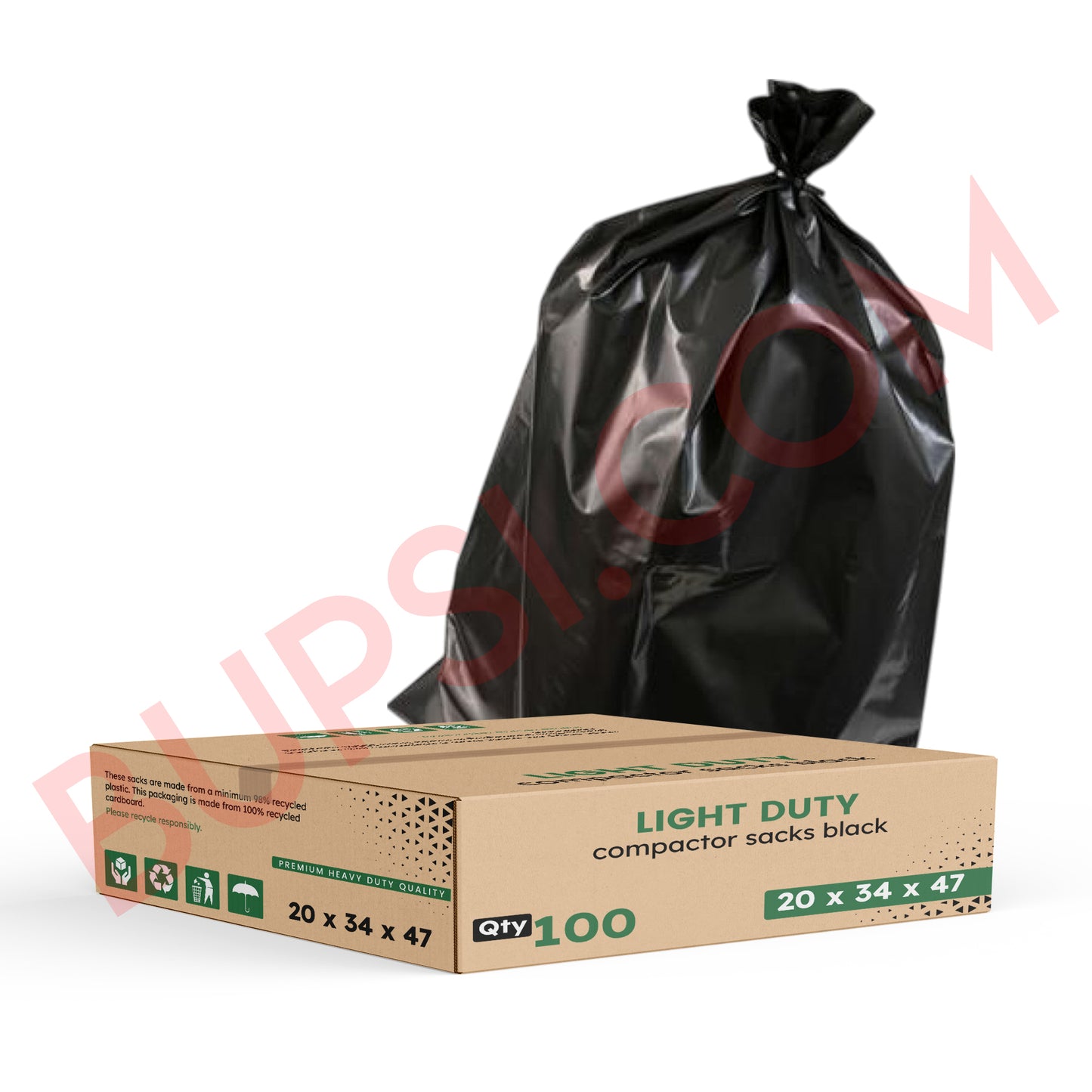 100 Pack | Light Duty Black Compactor Sacks | 20" x 34" x 47"