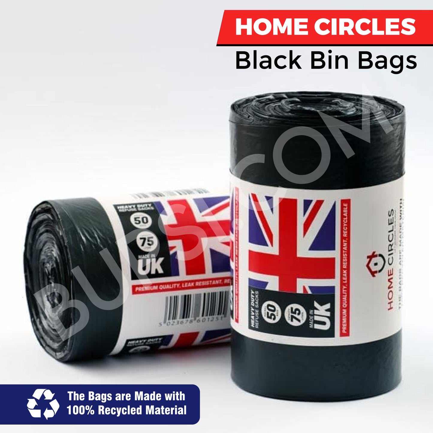 HOME CIRCLES Black Bin Bags – Pack of 50 heavy-duty 75L