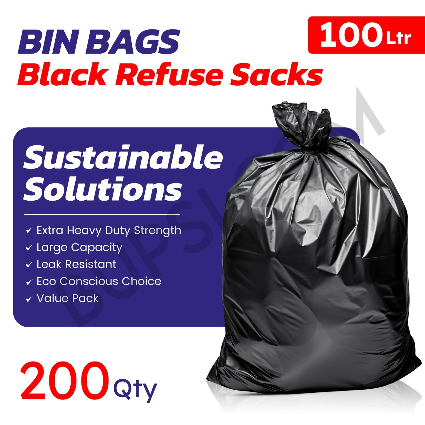 200 Pack | Extra Heavy Duty Black Refuse Sacks | 18" x 29" x 39"