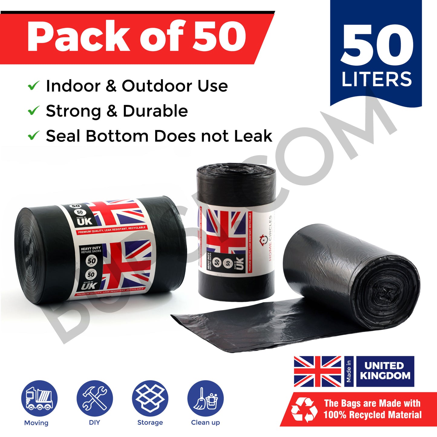 HOME CIRCLES Black Bin Bags – Pack of 50 heavy-duty 50L
