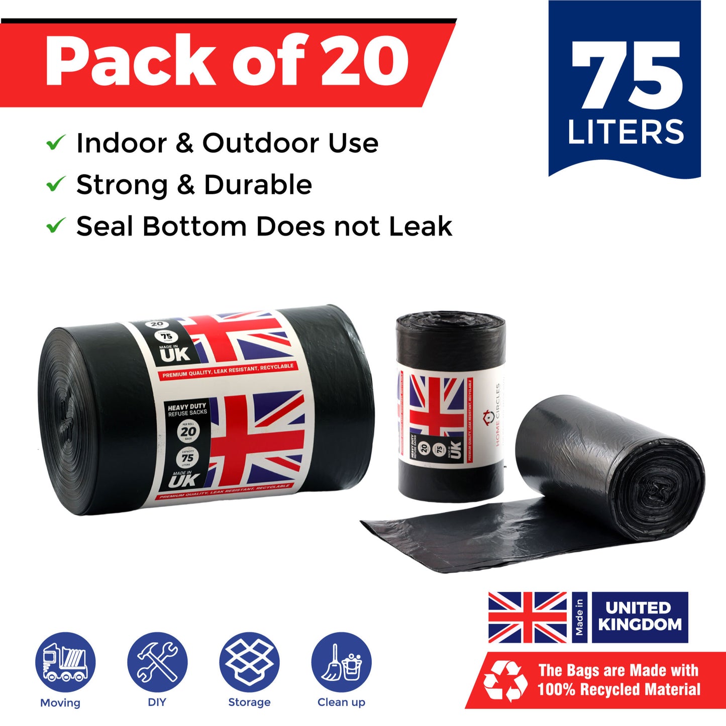 HOME CIRCLES 20 Black Bin Bags – 75L