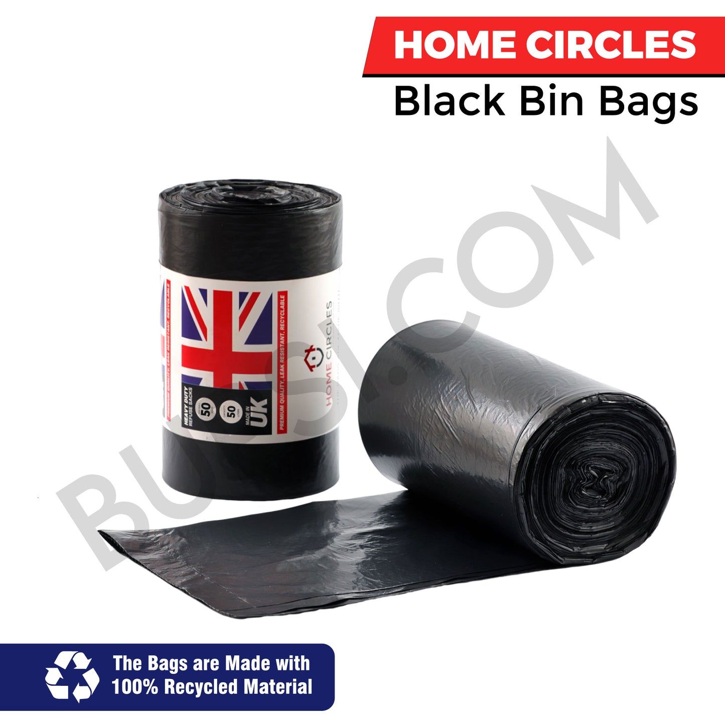 HOME CIRCLES Black Bin Bags – Pack of 50 heavy-duty 50L