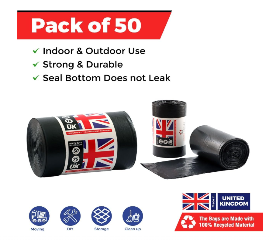 100 HEAVY DUTY BLACK THICK REFUSE SACKS STRONG THICK RUBBISH BAGS BIN LINERS
