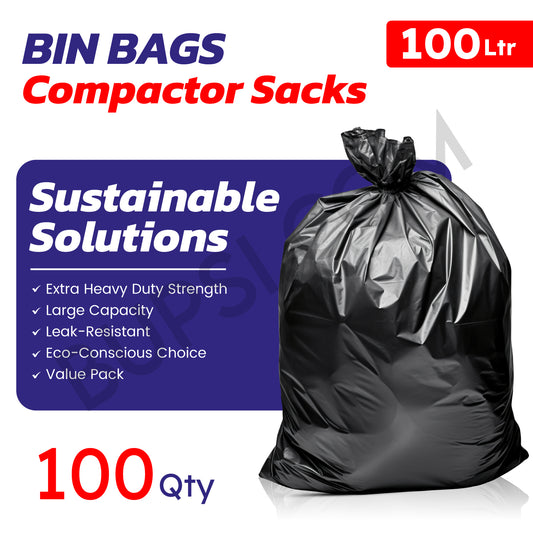 100 Pack | Extra Heavy Duty Black Compactor Sacks | 20" x 34" x 47"