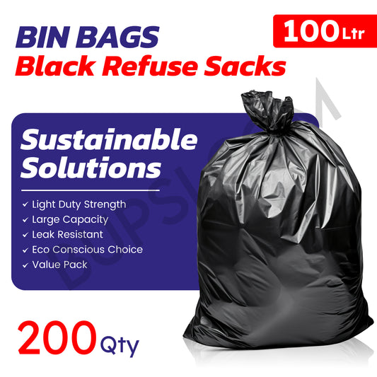 200 Pack | Light Duty Black Refuse Sacks | 18" x 29" x 39"