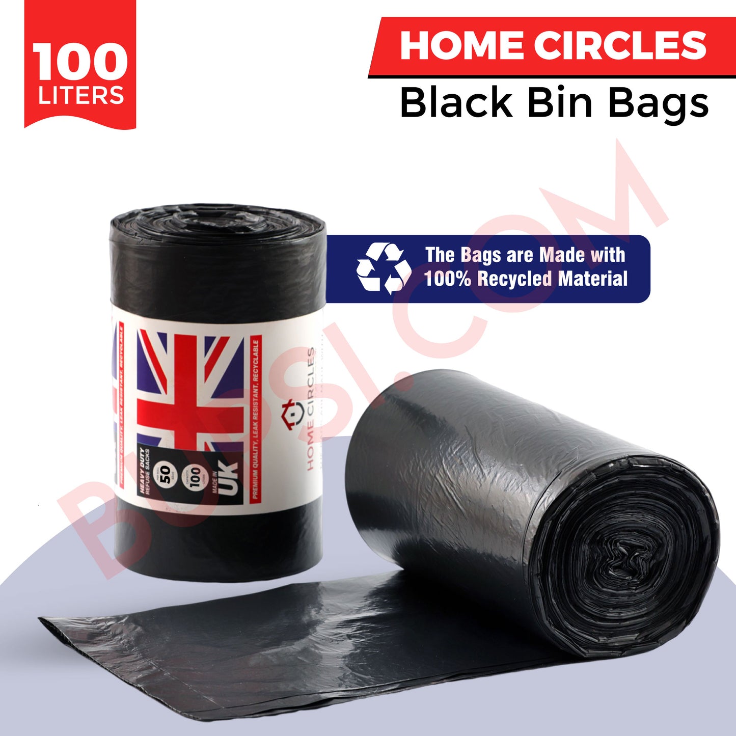 HOME CIRCLES Black Bin Bags – Pack of 50 heavy-duty 100L