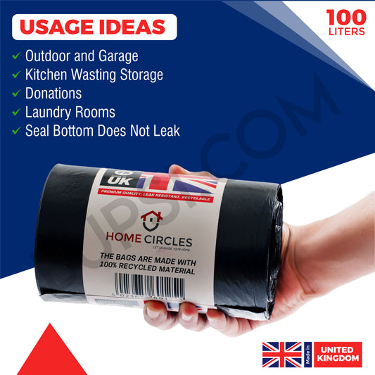 HOME CIRCLES Black Bin Bags – Pack of 50 heavy-duty 100L