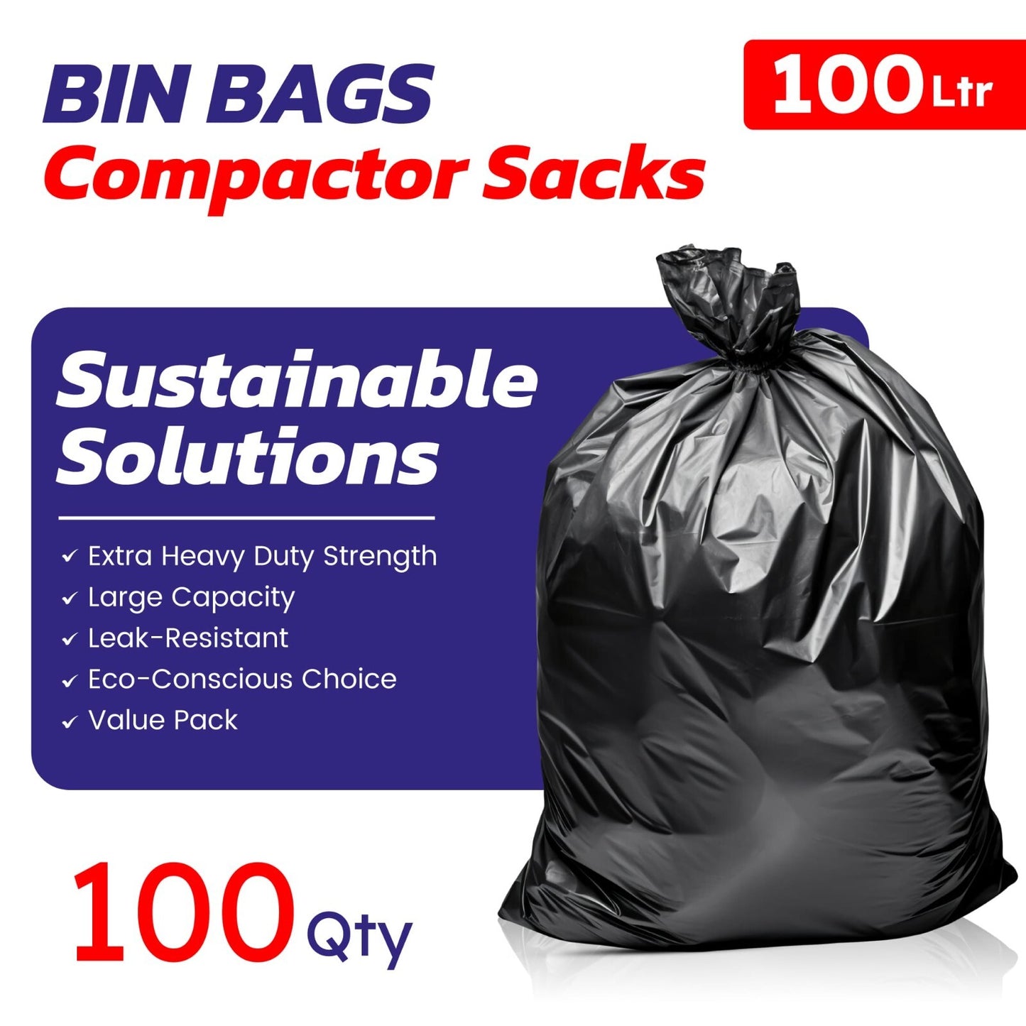 100 EXTRA STRONG BLACK HEAVY DUTY BIN LINERS BAGS  REFUSE SACKS - COMMERCIAL
